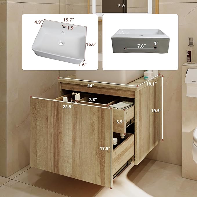 Bathroom Vanity with Sink,Bathroom Vanities， Natural Color Wall-Mounted Bathroom Vanity with Hidden Drawer