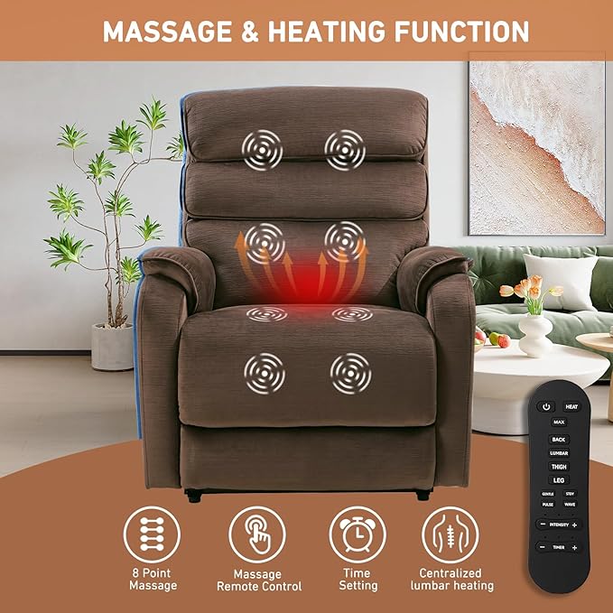 EONIX Wide Lay Flat Power Lift Recliner Chair for Elderly, Heavy Duty Oversized Fabric Lift Chairs Recliner Sofa with Heat and Massage and Charging Ports, Chenille Brown