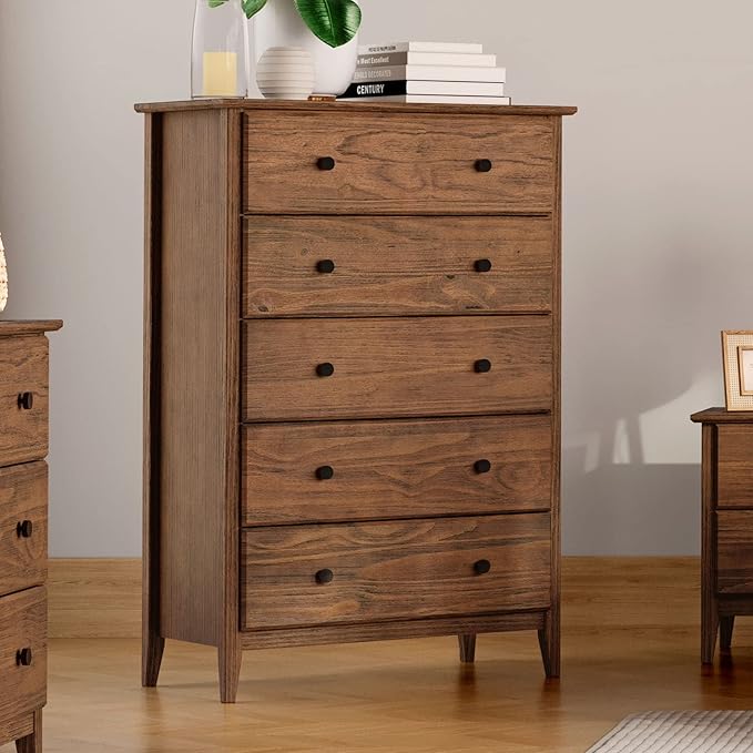 Grain Wood Furniture Greenport 5-Drawer Chest, Solid Wood with Brushed Walnut Finish