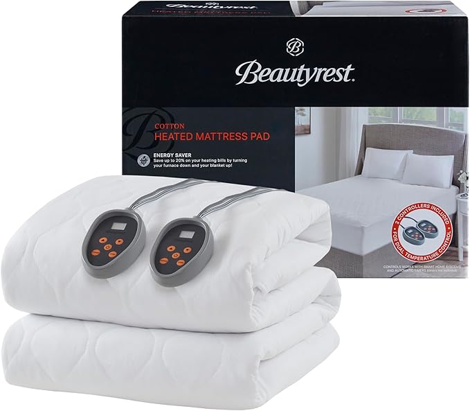 Beautyrest Cotton Heated Mattress Pad - Bed Warmer with 20 Heat Settings Controller, Auto Shut Off Timer, All Around Elastic Deep Pocket, UL Certified, Machine Washable, White Queen