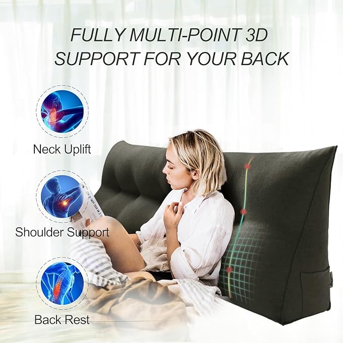WOWMAX 85% Linen 15% Cotton Blend Headboard Pillow – Queen Size Reading Wedge Backrest for Bed, Handmade Firm Support Bolster Cushion with Removable Cover, Premium Bed Rest Pillow, Deep Gray