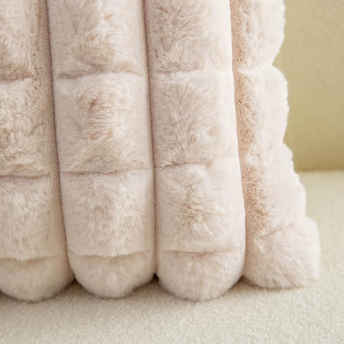 Neelvin Beige Faux Fur Cozy Soft Plaid Decorative Throw Pillow Covers 24x24 inch Set of 2,Velvet Pillowcase Cushion Case for Sofa Couch