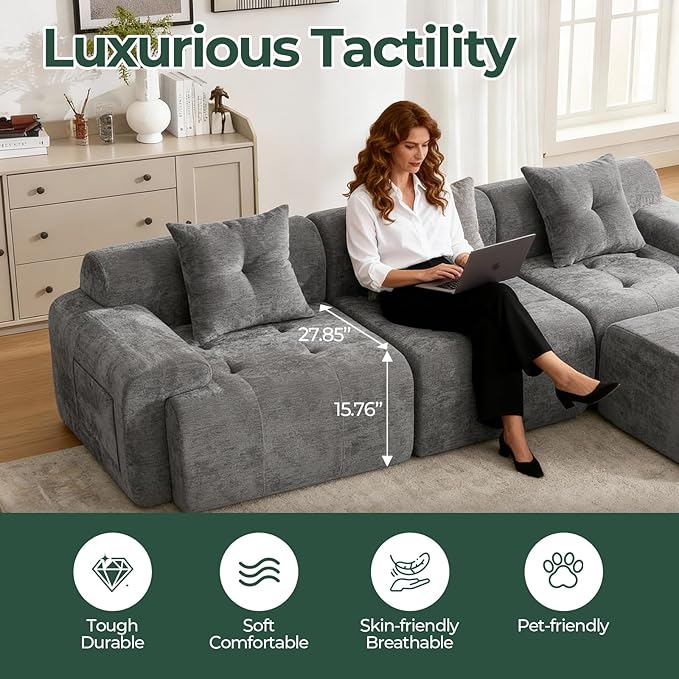 101.65” Modular Sectional Couch for Living Room, Modren L-Shape Cloud Sectional 3-Seater Sofa with Movable Ottoman, Woven Texture Upholstery Boneless Couch, No Assembly Grey