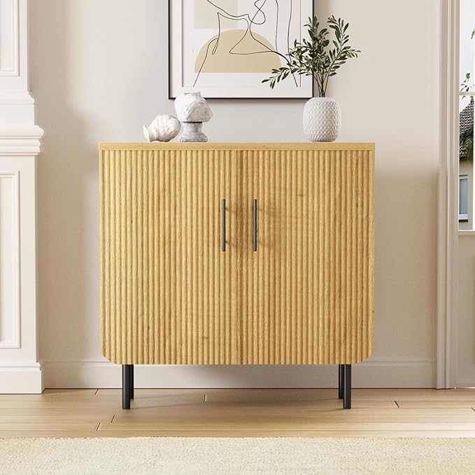Modern Fluted Natural Storage Cabinet with 2 Doors, Adjustable Shelves, and Metal Legs, Accent Buffet Sideboard for Living Room, Dining Room, Entryway (Natural & Black)