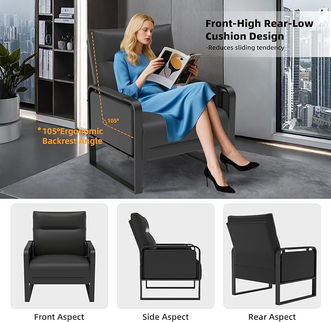 Faux Leather Accent Chair, Upholstered Armchair with Side Tray & Pocket, Comfy Reading Chair for Living Room, Bedroom, Guest Room, Black