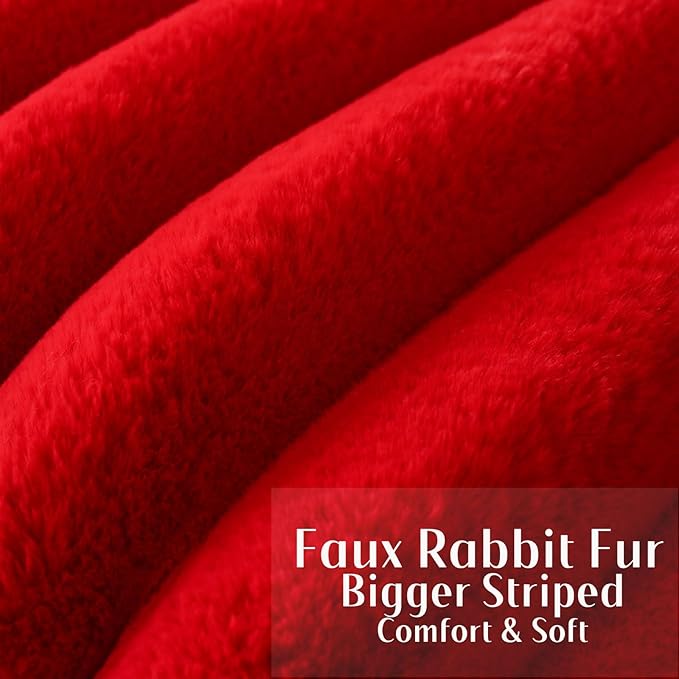 FUTEI Christmas Red Decorative Throw Pillow Covers 12x20 Inch Set of 2, Square Soft Faux Rabbit Fur Thick Striped Lumbar Pillow Case,Winter Home Decor for Couch Bed Living Room