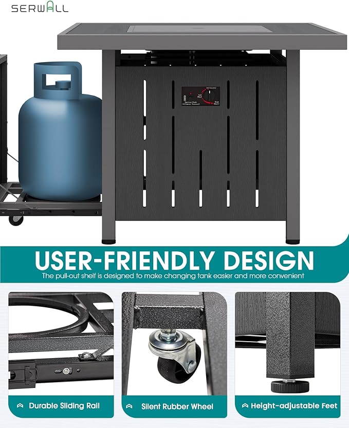 SERWALL Patio Furniture Set with 33” Fire Pit Table, HDPE Outdoor Sectional Sofa Set with Thickened Cushions, Grey Frame with Khaki Cushions