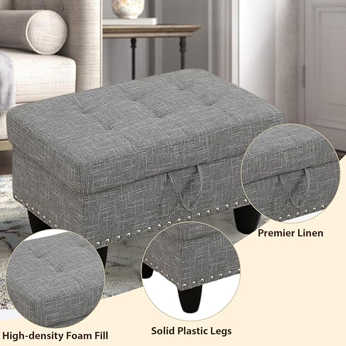 Linen Fabric Storage Ottoman with Nailhead Trim, 28.5"X19.5"X17.5" Footrest Stool, Hidden Storage Foot Stool for Living Room, Bedroom Furniture, Ash-Brown