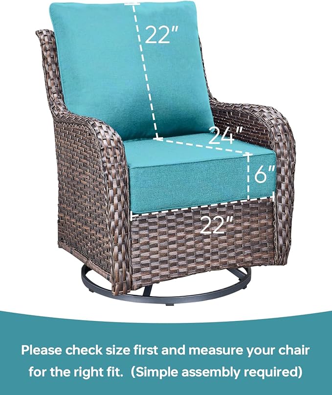 Luxury 22x24/22x25 6-Inch Patio Chair Cushions Set of 3 - Deep Seat Water-Resistant Patio Cushion for Dining Rocking Swivel Glider Loveseat 3-Seater Sectional Sofa - Turquoise