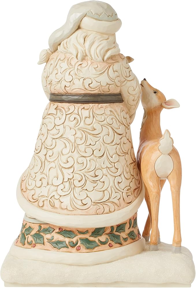 Enesco Jim Shore Heartwood Creek White Woodland Santa Holding a Fawn Figurine- Stone Resin Hand Painted Crafted Collectible Santa Figurines Christmas Home Decor Statue, 10.63 Inch
