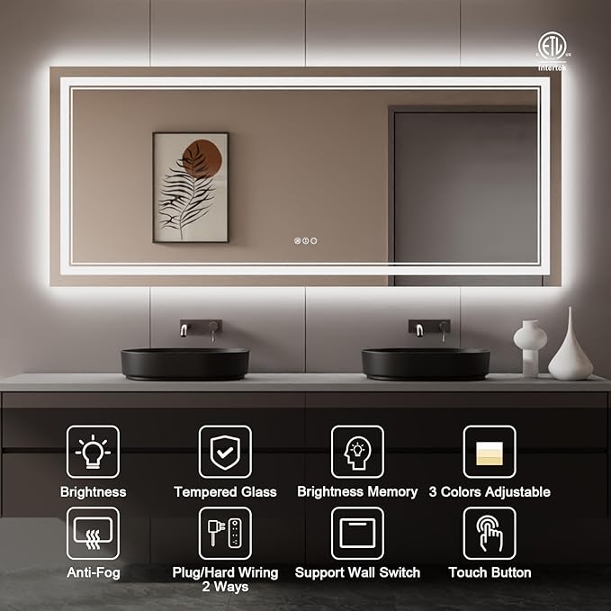 88x38 Inch LED Bathroom Mirror with Lights, Backlit and Front Lighted Bathroom Mirrors for Wall, Anti-Fog Dimmable Memory Shatterproof LED Vanity Mirror for Bathroom