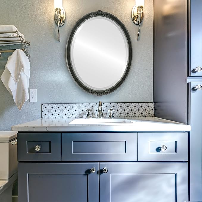 OVALCREST Oval Beveled Wall Mirror for Home Decor - Athena Style - Black Silver - 18" x 14" Outside Dimensions