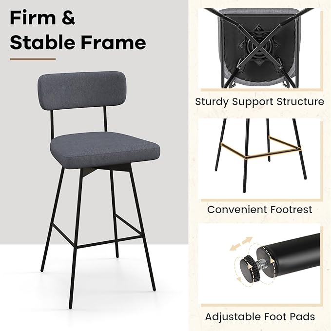 COSTWAY Bar Stools Set of 4, 29” Upholstered Bar Height Chairs with Back, 360° Swivel Dining Chairs with Heavy-Duty Metal Legs and Footrests, for Kitchen Island, Dining Room, Bar (4, Grey)