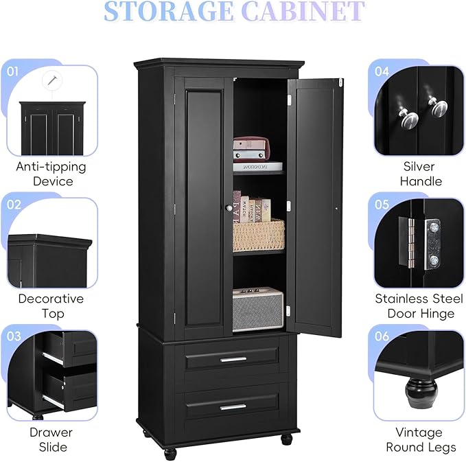 Polibi Tall Storage Cabinet with 2 Drawers, 3-Tier Adjustable Shelves & 2 Doors, Floor Freestanding Cabinet for Bathroom, Living Room, Black