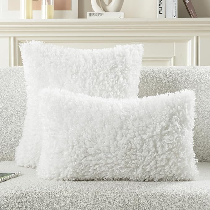 FUTEI Cream White Decorative Throw Pillow Covers 18x18 Inch Set of 2,Soft Fluffy Faux Wool Fur Boucle Textured Cushion Case,Modern Home Decor for Couch Bed Living Room Office
