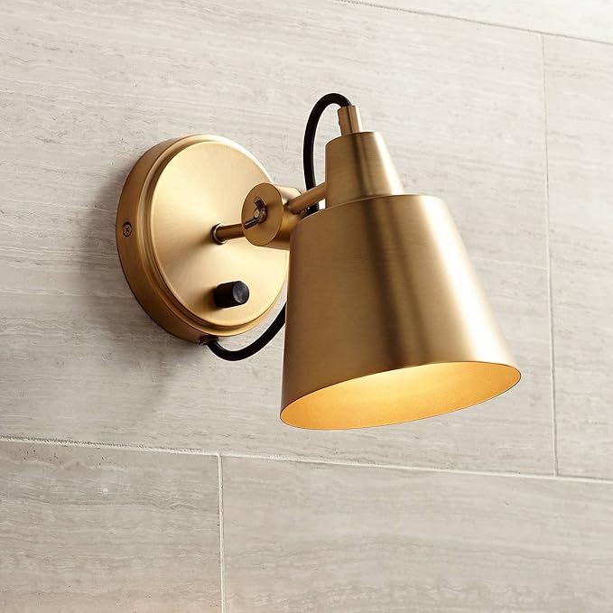 Possini Euro Design Capetown Modern Wall Light Sconces Set of 2 Warm Brass Hardwired 5 3/4" Fixture Swivel Head Up Down for Bedroom Bathroom Vanity Reading Living Room Hallway Dining House Home