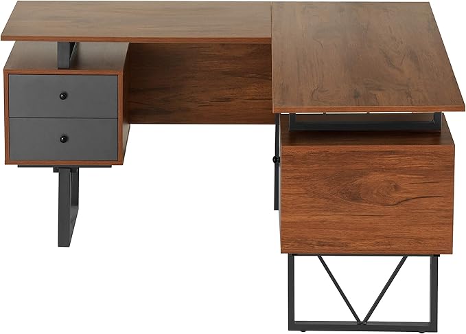 Techni Mobili Reversible L Shaped Desk with File Cabinet and Drawers 59” W – Modern Versatile L Shaped Office Desk with Drawers and File Cabinet - Brown