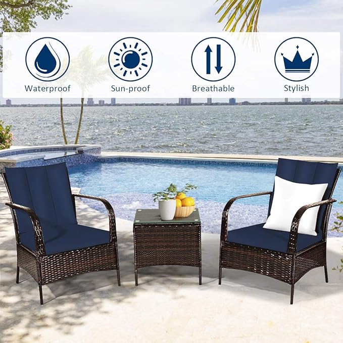 COSTWAY 3 Pieces Patio Rattan Furniture Set, Outdoor Conversation Chair Set with Coffee Table & 2 Cushions for Backyard, Porch, Poolside, Lawn, Garden, Navy