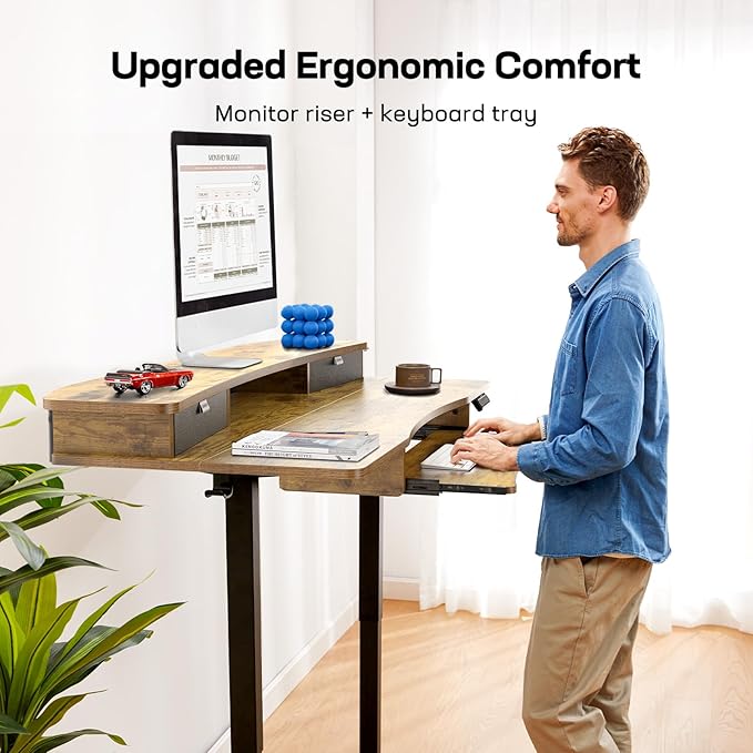 HUANUO 55" x 26" Electric Standing Desk with 2 Drawers & 26.7" Large Keyboard Tray, C-Clamp Mount Compatible, Adjustable Computer Desk for Home Office, Stand Up Desk with 4 Height Presets, Vintage