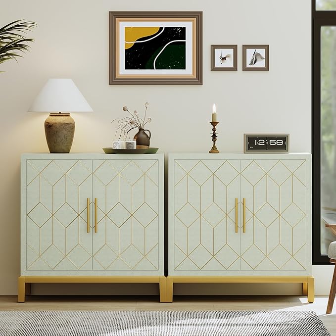 HLR Accent Cabinet with Gold Trim Set of 2,Storage Cabinet with 2 Doors,Modern Wooden Sideboard for Living Room, Kitchen, Office and Hallway(Green)