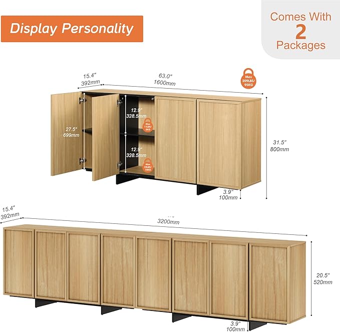 WAMPAT Modern Sideboard Buffet with 8 Doors, Multifunctional Sideboard with Large Storage and T-Shaped Legs, Coffee Bar Cabinet Storage for Kitchen, Living Room, Oak