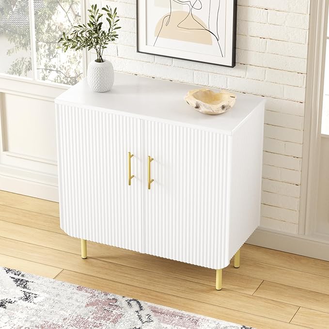 Set of 2 Fluted White Storage Cabinets, Modern 2-Door Sideboard Buffet Cabinet with Adjustable Shelves and Metal Legs, Accent Cabinet for Kitchen, Living Room, Entryway (White & Gold)