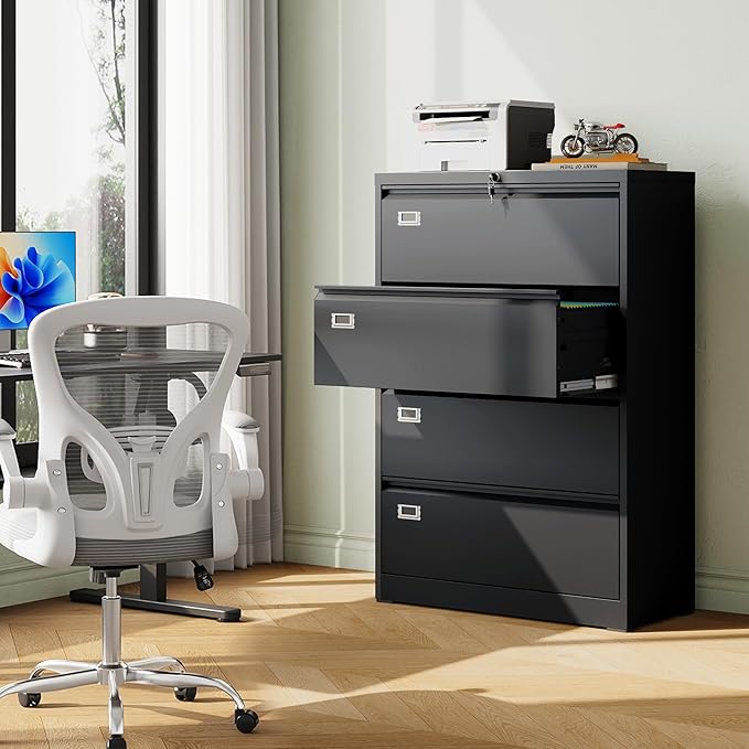 DEVAISE 4 Drawer Lateral File Cabinet with Lock, Metal Filing Cabinets for Home Office, 16" D x 35" W x 52" H Wide Storage Organization for Hanging Files Letter/A4/Legal/F4 Size, Black