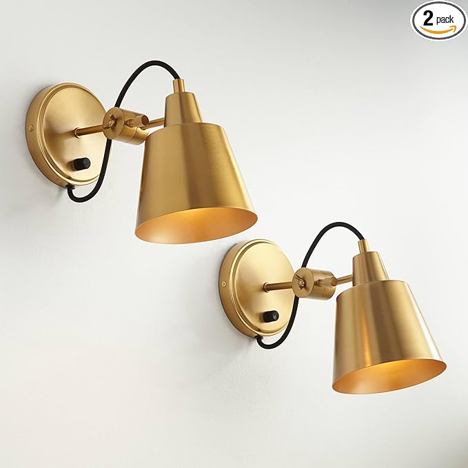 Possini Euro Design Capetown Modern Wall Light Sconces Set of 2 Warm Brass Hardwired 5 3/4" Fixture Swivel Head Up Down for Bedroom Bathroom Vanity Reading Living Room Hallway Dining House Home