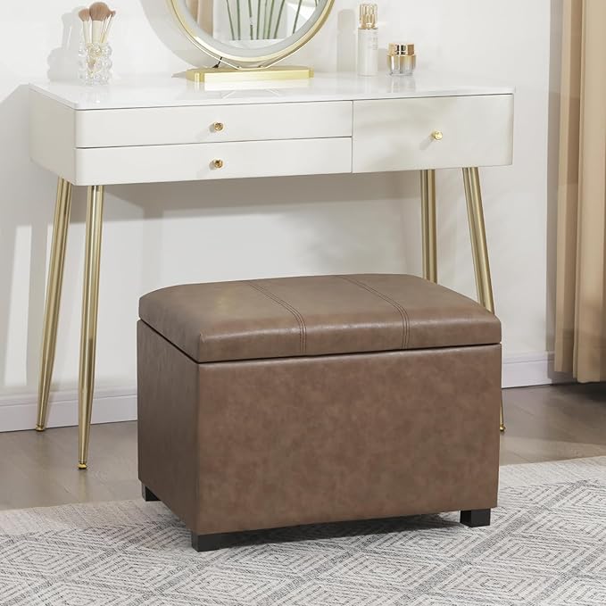 Asense Storage Ottoman Bench,Foot Stool Ottoman with Storage, Faux Leather Foot Rest Seat with Safety Hinge,Wood Legs Stool for Living Room, Bedroom,Enterway,Brown