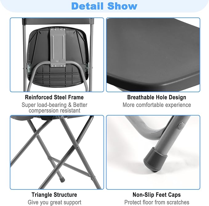 10 Pack Plastic Folding Chairs, Portable Party Chairs, Stackable Commercial Seats with Steel Frame for Home Office Wedding Party Indoor Outdoor Events Chairs, 350lbs Capacity,Gray