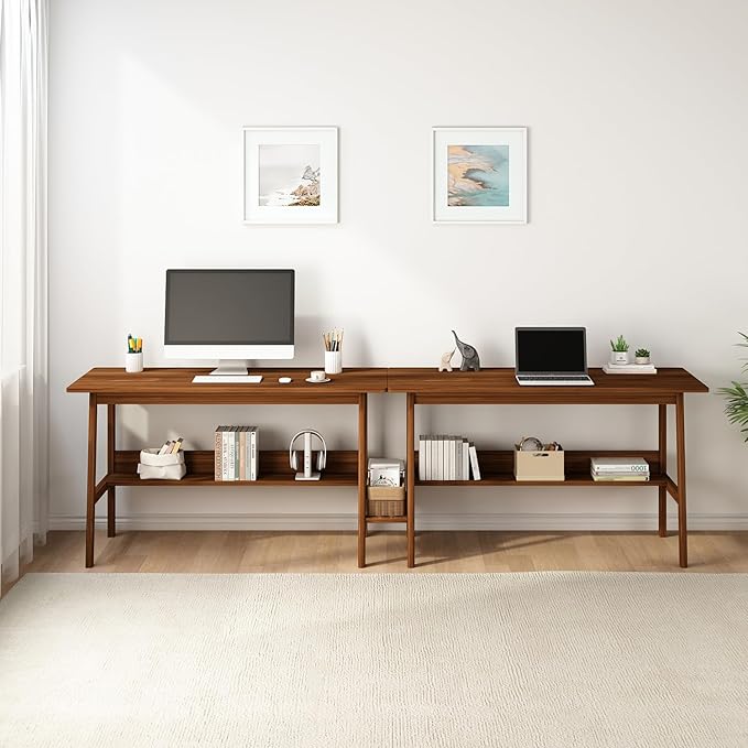 2-Person Writing Desk with Bookshelf - 110" Wooden Extra Long Home Office Work Table, Double Study Computer Workstation with Storage Shelves in Walnut, 110" W x 24" D