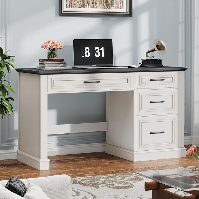 Vabches Farmhouse 47" Executive Desk, Computer Desk with Drawers and File Drawer, Workstation Computer Desk with Charging Station for Home Office, Study,（Black