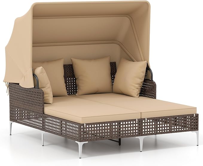 HAPPYGRILL Outdoor Daybed with Retractable Canopy, PE Wicker Rattan Patio Double Chaise Lounger with Cushions, Outside Sunbed Furniture for Garden, Poolside and Backyard (Beige)