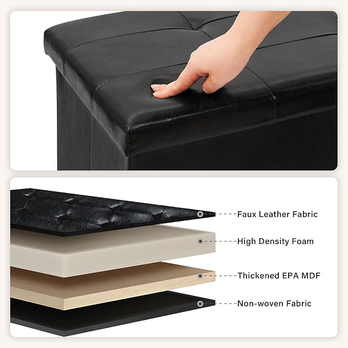 PINPLUS Folding Storage Ottoman Bench, Black Faux Leather Long Chest with Tray, Footrest Seat, Blanket Storage for Living Room Bedroom Office Hallway, 43.3"x15"x15"