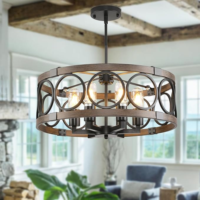 Semi Flush Mount Ceilnig Light,6-Light Farmhouse Chandelier Rustic,Modern Light Fixture Ceiling Mount Round Metal Vintage Chandelier Dining Room Light Fixtures for Kitchen