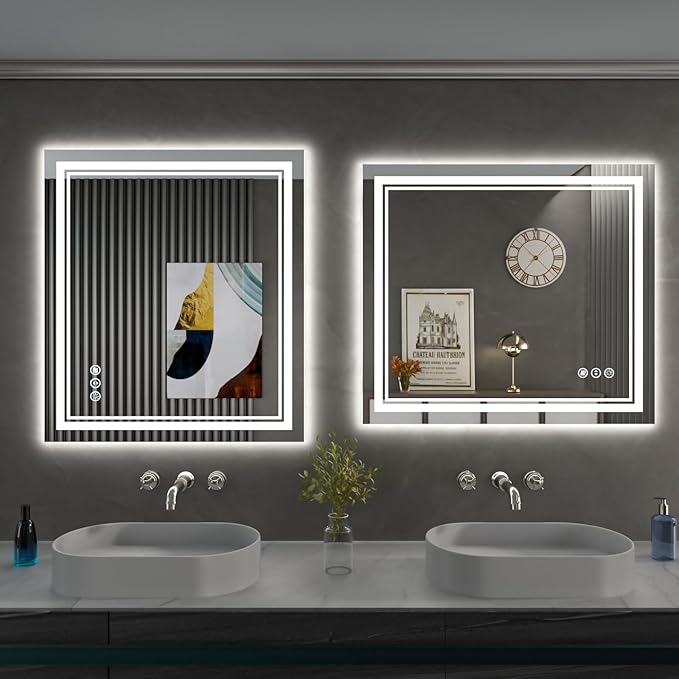 32 x 36 Inch LED Bathroom Mirror, Front Light and Backlit Anti-Fog Dimmable Memory Lighted Vanity Mirror, Shatterproof Wall-Mounted Led Mirror for Bathroom