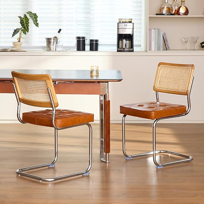 Brown Faux Leather Rattan Dining Chairs Set of 2, Wooden Mid Century Modern Dining Room Chairs, Mesh Back Cane Kitchen Chair, Cesca Design Chairs with Metal Chrome Legs