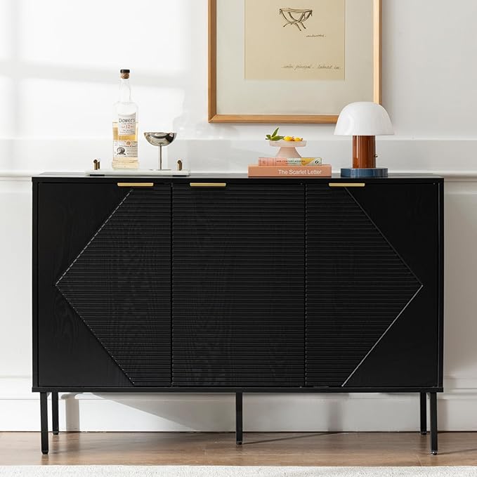 Sideboard Buffet Cabinet Set of 2, Modern Storage Cabinets with Doors and Shelves, Wooden Fluted Cabinet for Living Room, Entryway, Kitchen (2, Embossed Black)