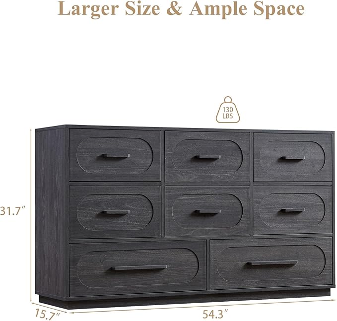 Modern 8 Drawer Dresser for Bedroom, 54" Wide Dressers & Chest of Drawers w/Solid Wood Handle, Wood Mid Century Closet Organizers and Storage Cabinet for Bedroom, Living Room, Hallway, Gray