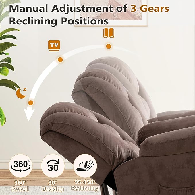 ANJ Rocker Recliner Chair Oversized Manual 360° Swivel Recliners Comfy Glider Rocking Chairs for Big Man Extra Wide Overstuffed Reclining Chair for Living Room, Camel