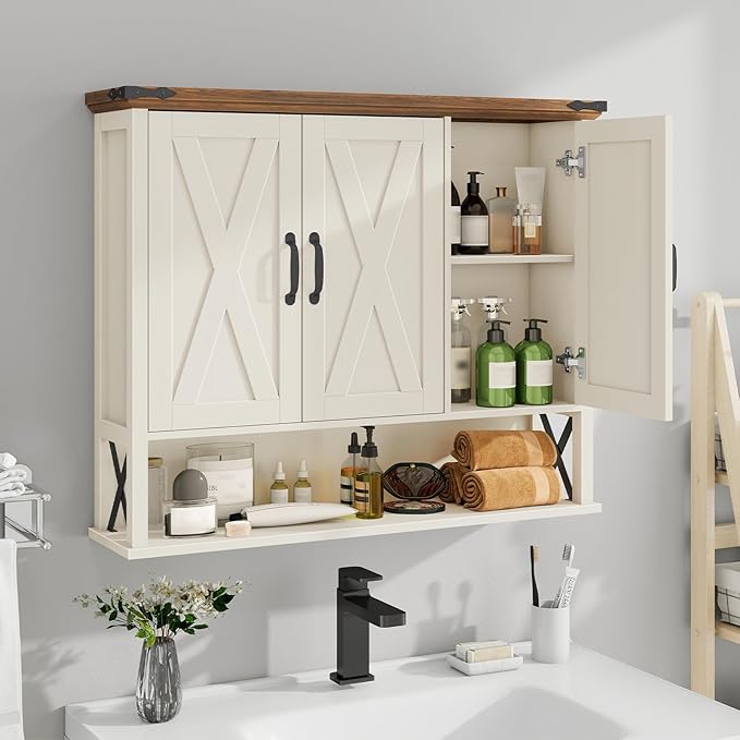 Bathroom Wall Cabinet, Farmhouse Medicine Cabinet with Adjustable Wood Shelf & 3 Doors, Over The Toilet Storage Cabinet for Wall Mounted for Bathroom Laundry Room Kitchen, White and Brown