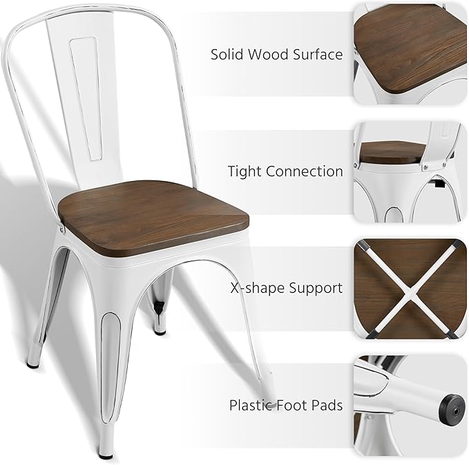 Yaheetech 18 Inch Classic Iron Metal Dining Chair with Wood Top/Seat Indoor-Outdoor Use Chic Bistro Cafe Side Barstool Bar Chair Distressed White, Set of 4