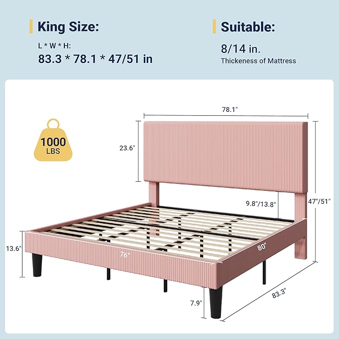 Allewie King Size Upholstered Bed Frame with Vertical Channel Tufted Headboard, Soft Corduroy Fabric Platform Bed, Strong Wooden Slats Support, Easy Assembly, No Box Spring Needed, Light Pink