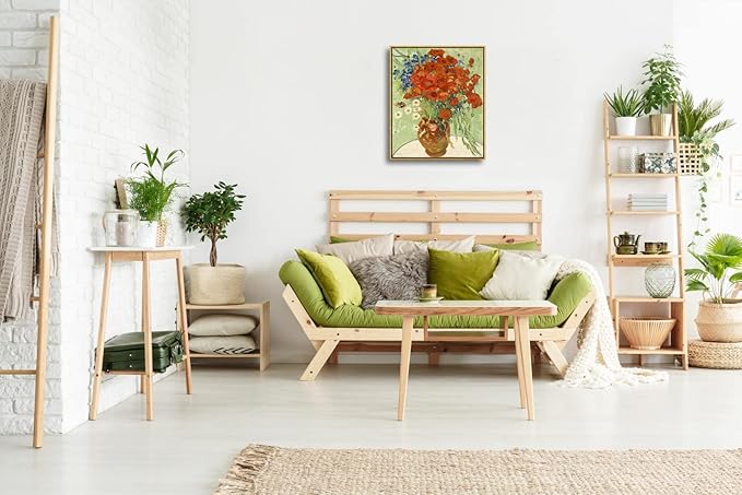Wieco Art Framed Wall Art of Red Poppies and Daisies by Vincent Van Gogh Paintings Reproduction Abstract Canvas Prints for Home Living Room Decorations Bronze Gold Frame