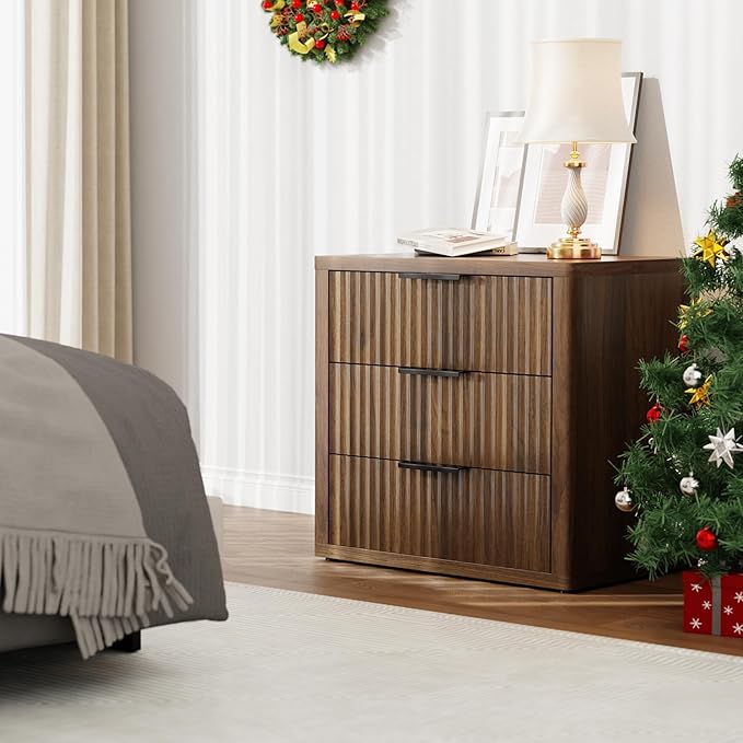Night Stand with 3 Drawers, 23" Wide Modern Nightstand with Large Storage, Fluted Bed Side Table with Metal Handle, End Table Tall Nightstand for Bedroom, Living Room, Office, Walnut