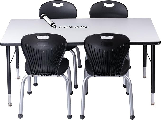 Chair and Table Set for Schools - Dry Erase Table About 24 x 48 inch (60 x 120cm) - Height Adjustable Legs -Spray Edges - and Four Luxurious Classroom Chairs - for Commercial Spaces