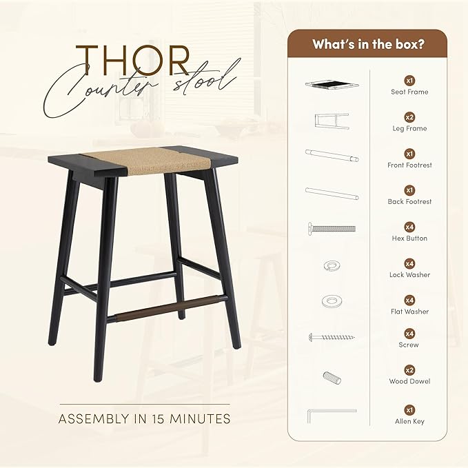 Thor Wicker Premium Solid Wood Counter Stool 24", Set of 2, Backless Counter Height Seating with Hand-Knitted Rope, Eco-Friendly Modern Design (Midnight Charcoal)