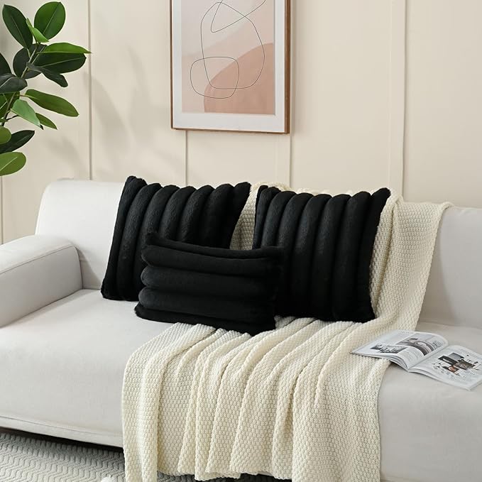 FUTEI Black Decorative Throw Pillow Covers 18x18 Inch Set of 2, Square Soft Faux Rabbit Fur Thick Striped Cushion Cover,Winter Home Decor for Couch Bed Living Room