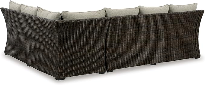 Signature Design by Ashley Brook Ranch Casual Nuvella Weather Resistant Fabric Right Hand Facing Outdoor Sofa Sectional/Bench with Cushion and 6 Throw Pillows, Set of 3, Beige & Dark Brown
