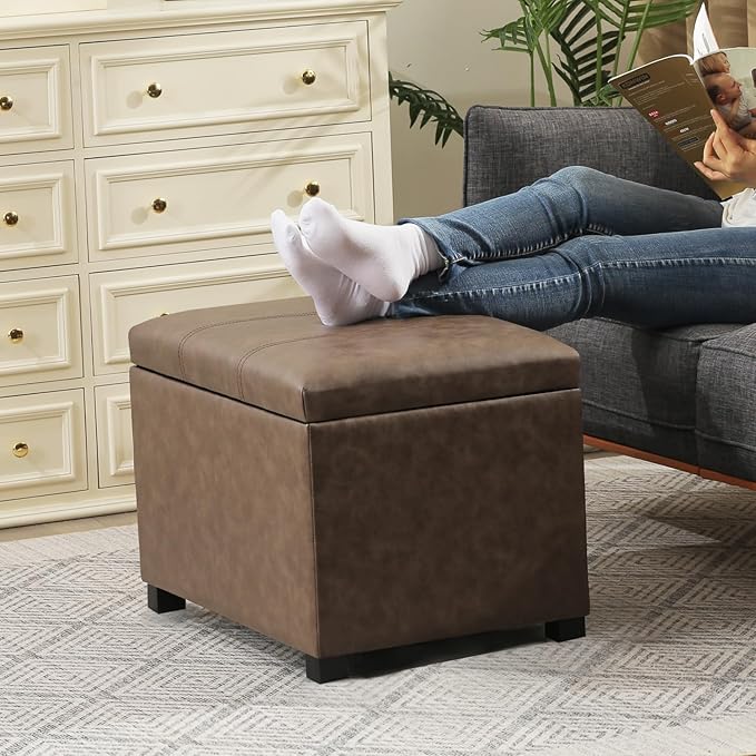 Asense Storage Ottoman Bench,Foot Stool Ottoman with Storage, Faux Leather Foot Rest Seat with Safety Hinge,Wood Legs Stool for Living Room, Bedroom,Enterway,Brown